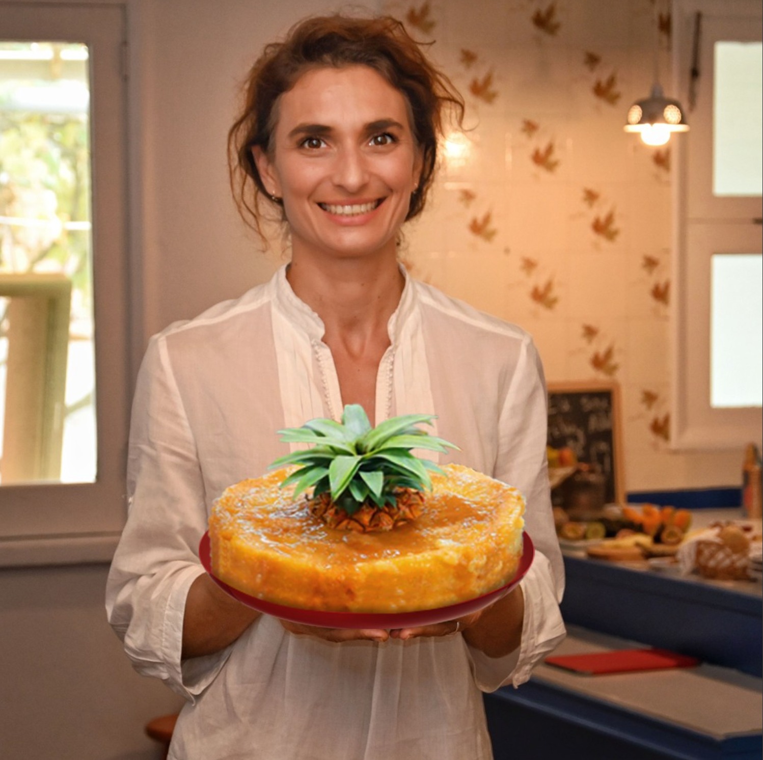Maria holding a freshly baked pineapple cake in her kitchen